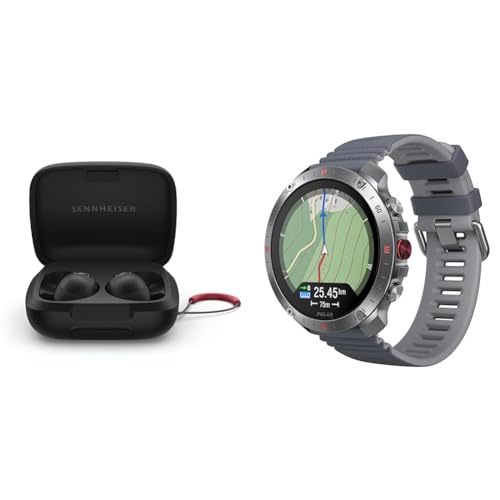 Sennheiser Momentum Sport (Black) Earbuds with Crystal-Clear Sound and Adaptive ANC Bundle with Polar Grit X2 Pro (Stone Grey) Premium GPS Smart Sports Watch, Advanced Navigation, Heart Rate Tracking