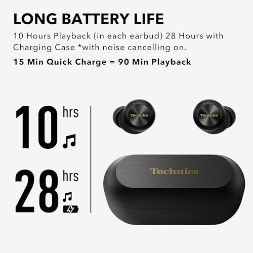 Technics Reference Class Hi-Fi Wireless Earbuds, Dolby Atmos with Head Tracking, Adaptive Noise Cancelling, 3 Device Multipoint, 10-hr Battery, Wireless Charging, Improved Fit - EAH-AZ100-K