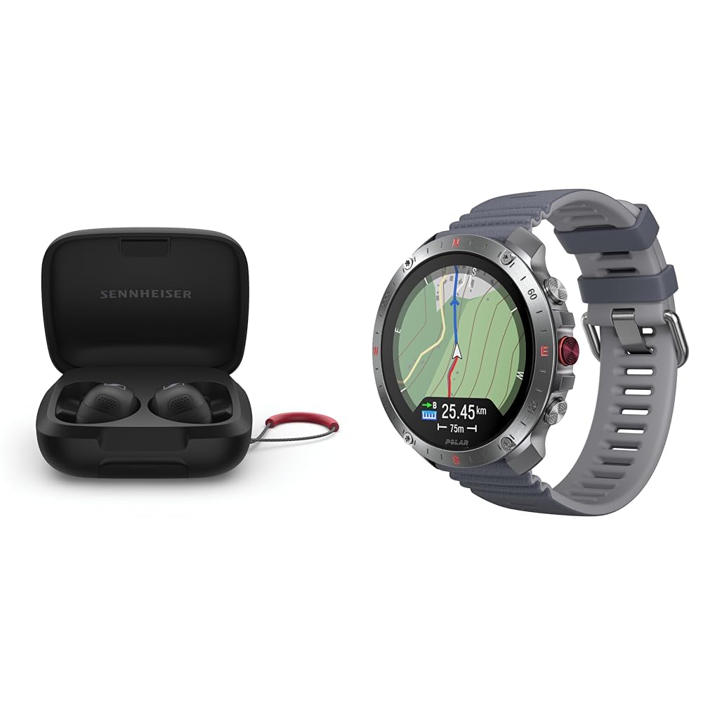 Sennheiser Momentum Sport (Black) Earbuds with Crystal-Clear Sound and Adaptive ANC Bundle with Polar Grit X2 Pro (Stone Grey) Premium GPS Smart Sports Watch, Advanced Navigation, Heart Rate Tracking