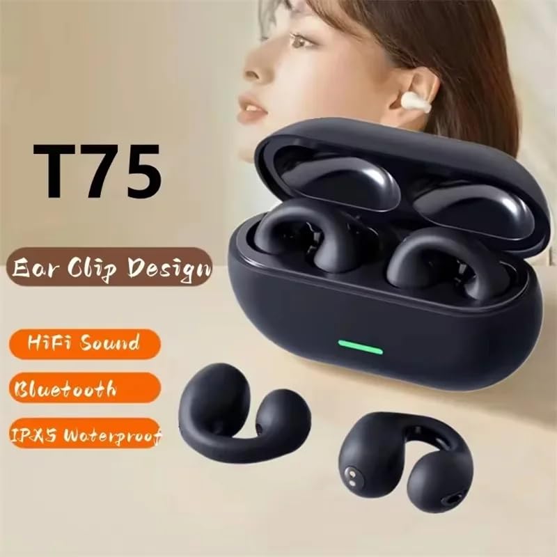 Wireless Ear Clip Bluetooth Earbuds, Touch Control, HiFi 9D Sound, IPX5 Waterproof, Sport Headphones with Charging Case