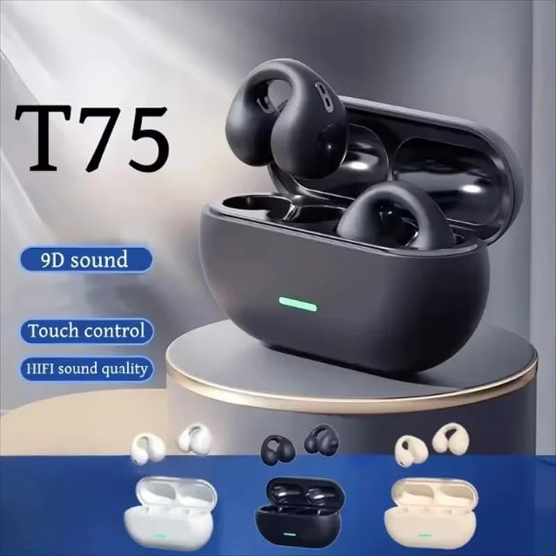 Wireless Ear Clip Bluetooth Earbuds, Touch Control, HiFi 9D Sound, IPX5 Waterproof, Sport Headphones with Charging Case