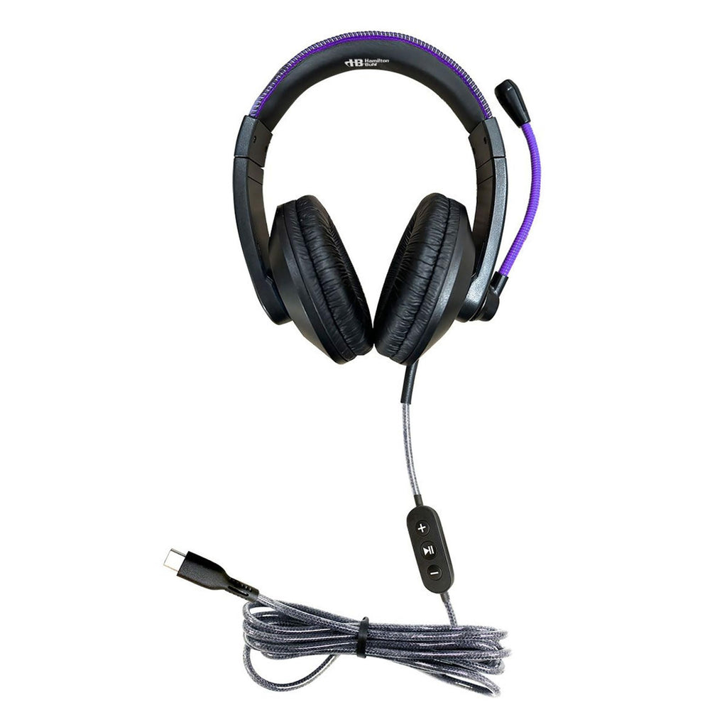 HamiltonBuhl Smart‑Trek Deluxe USB‑C Stereo Headsets 100‑Pack, Noise‑Canceling Gooseneck Mic, In‑Line Volume Control, Leatherette Cushions, Metallic Purple Accents