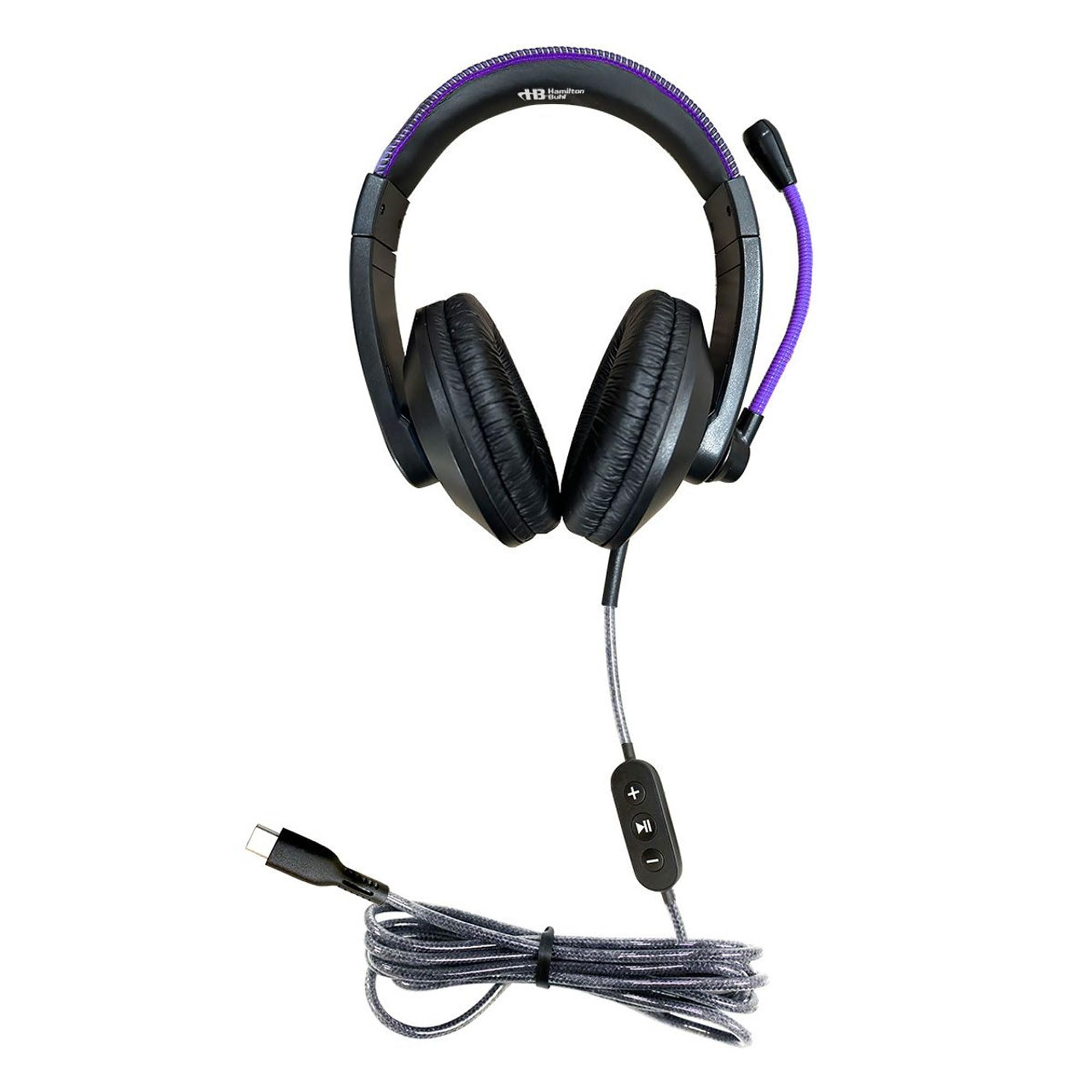 HamiltonBuhl Smart‑Trek Deluxe USB‑C Stereo Headsets 100‑Pack, Noise‑Canceling Gooseneck Mic, In‑Line Volume Control, Leatherette Cushions, Metallic Purple Accents