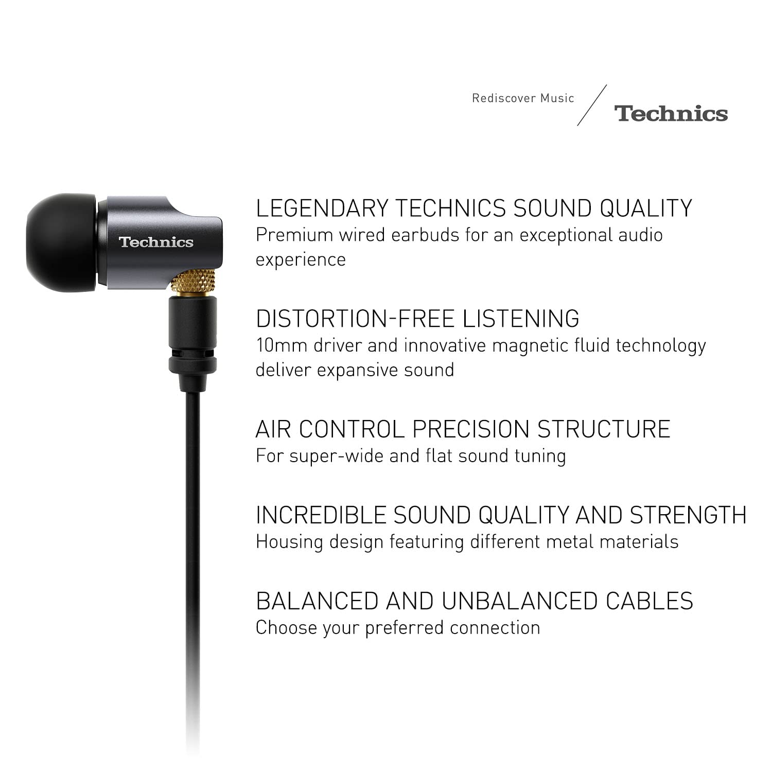 Technics Premium in- Ear Monitors IEM, High-Fidelity Wired in-Ear Earbuds Earphones with Innovative 10mm Driver for Ultra-Low Distortion - EAH-TZ700, Black/Gold