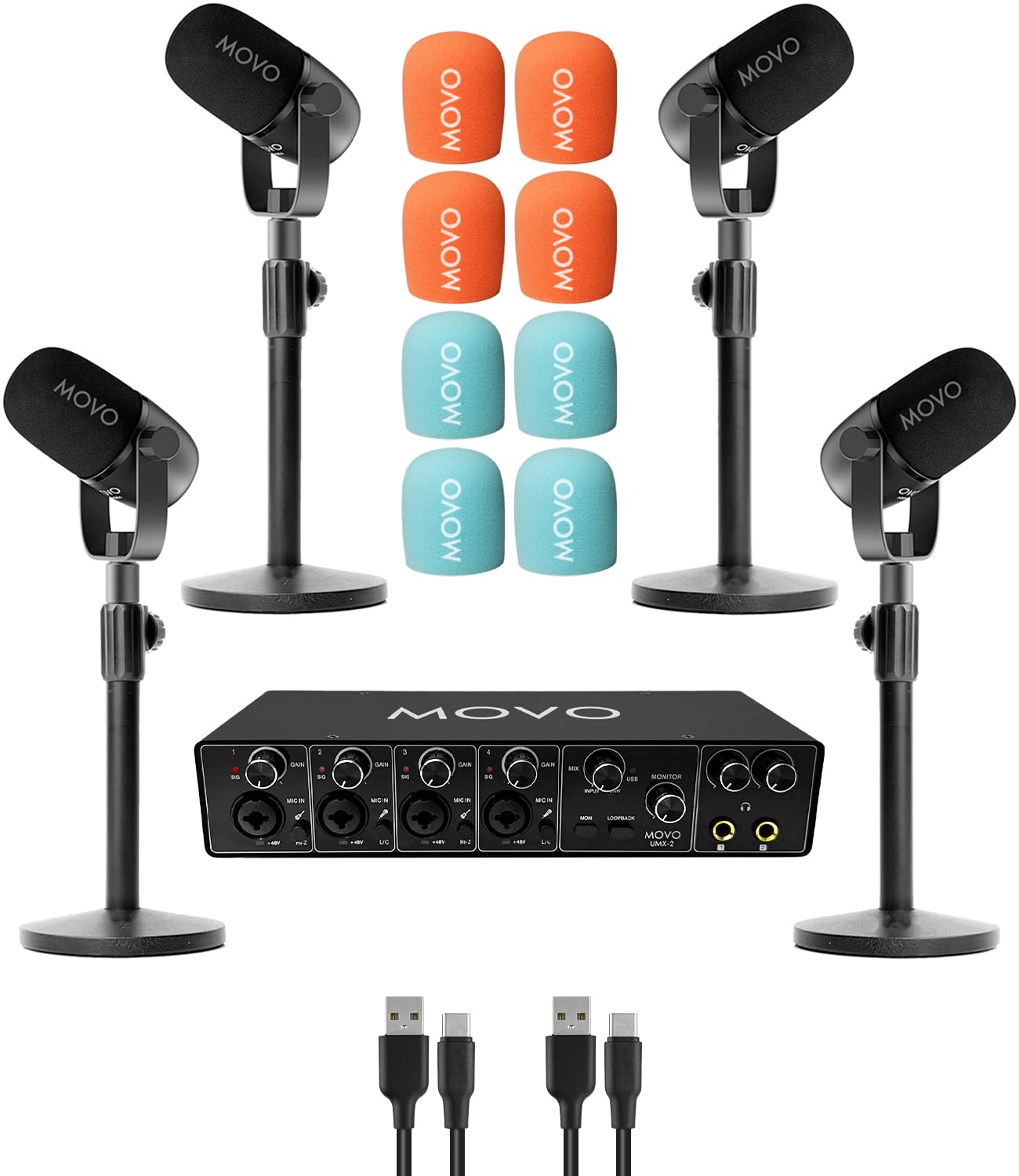 Movo 4-Person Podcast Bundle with USB Audio Interface