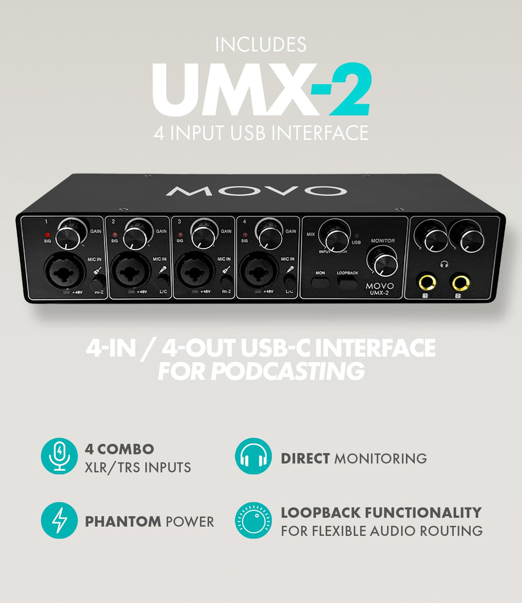 Movo 4-Person Podcast Bundle with USB Audio Interface