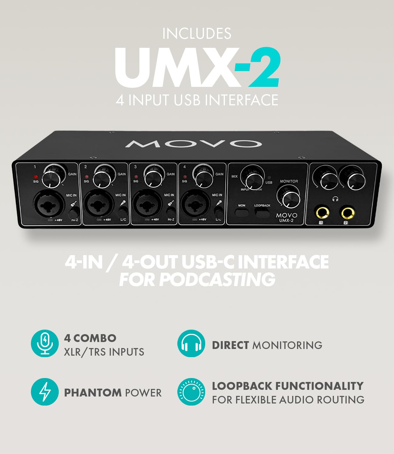 Movo 4-Person Podcast Bundle with USB Audio Interface