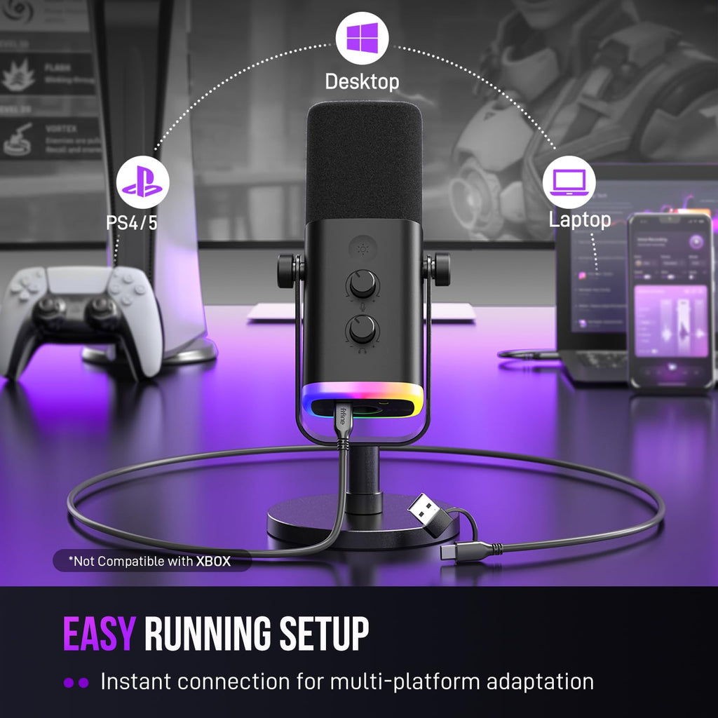 FIFINE XLR/USB Dynamic Microphone for Podcast Recording, PC Computer Gaming Streaming Mic with RGB Light, Mute Button, Headphones Jack, Desktop Stand, Vocal Mic for Singing YouTube-AmpliGame AM8