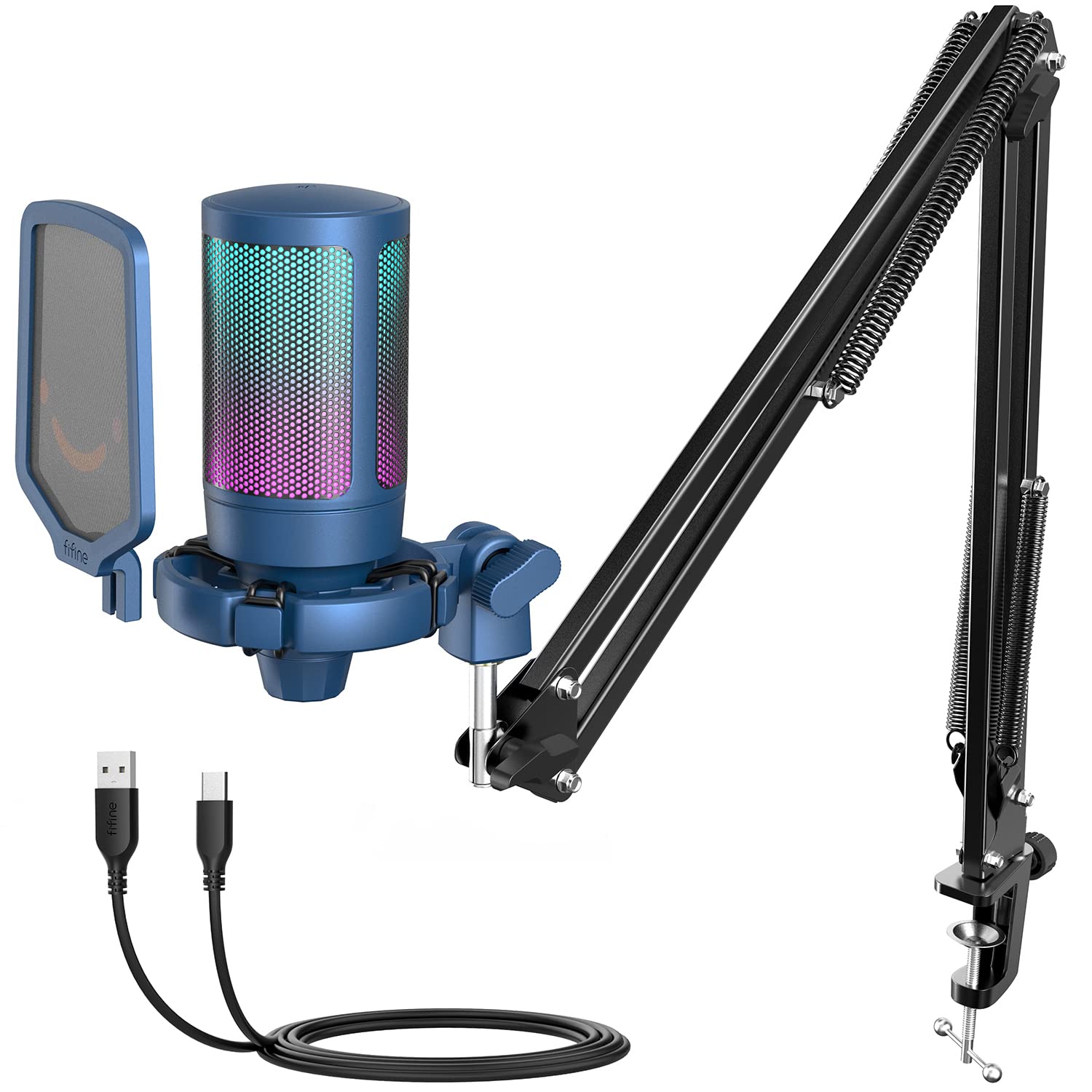 FIFINE AmpliGame A6T USB Condenser Gaming Microphone with Boom Arm & RGB Lighting