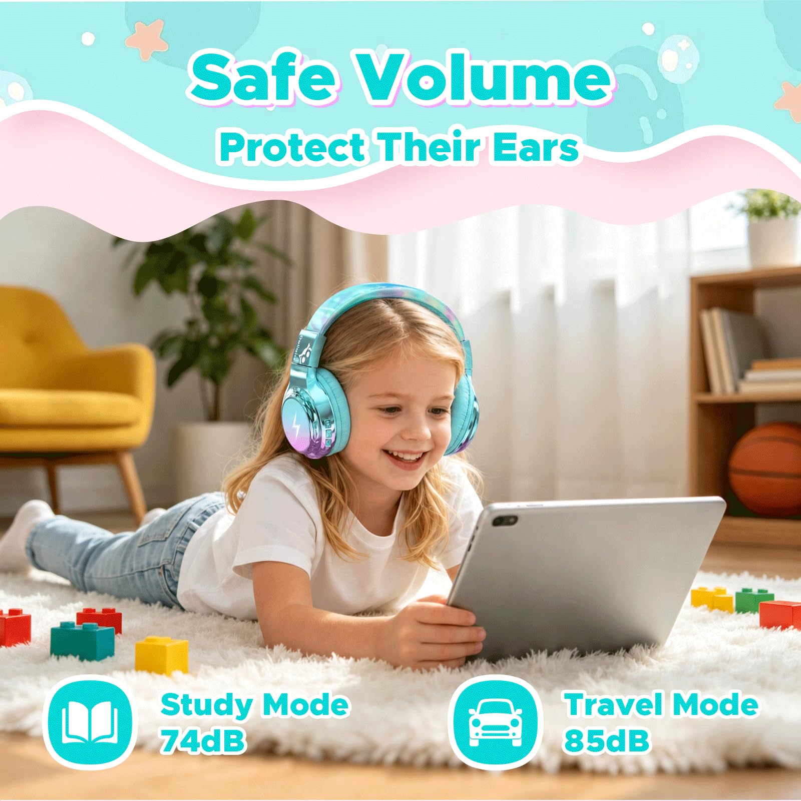 owliwise Kids Bluetooth Headphones, 74/85dB Volume Limited, 65H Playtime, Built-in Mic, Fast Charging, Foldable Toddler Wireless Over-Ear with AUX Cord, for iPad/Tablet/Airplane,Boys Girls