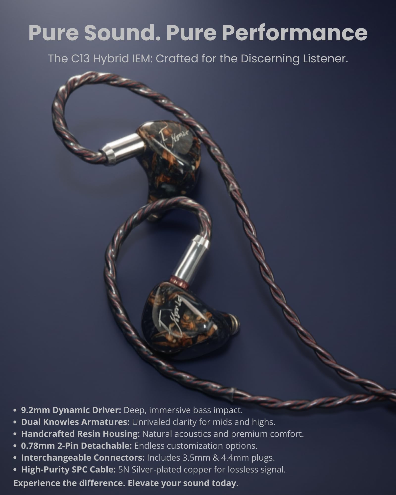 Essonio ES-C13 Handcrafted Wood in-Ear Monitor, 2 Knowles BA+1DD Hybrid Hi-Fi IEM, Noise Cancelling Wired Earbuds, 5N Silver-Plated Cable, 3.5/4.4mm/Type-C, Pro Earphones for Studio, Music, Stage