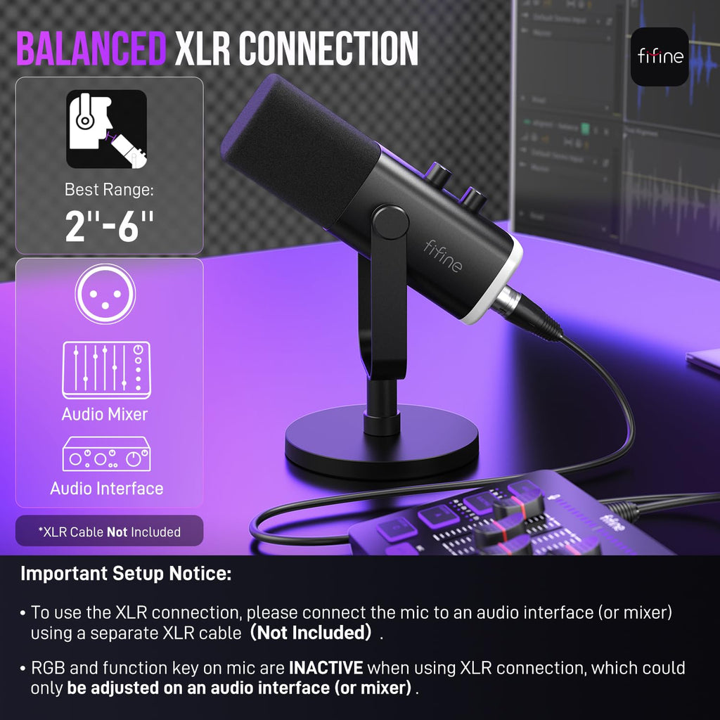 FIFINE XLR/USB Dynamic Microphone for Podcast Recording, PC Computer Gaming Streaming Mic with RGB Light, Mute Button, Headphones Jack, Desktop Stand, Vocal Mic for Singing YouTube-AmpliGame AM8
