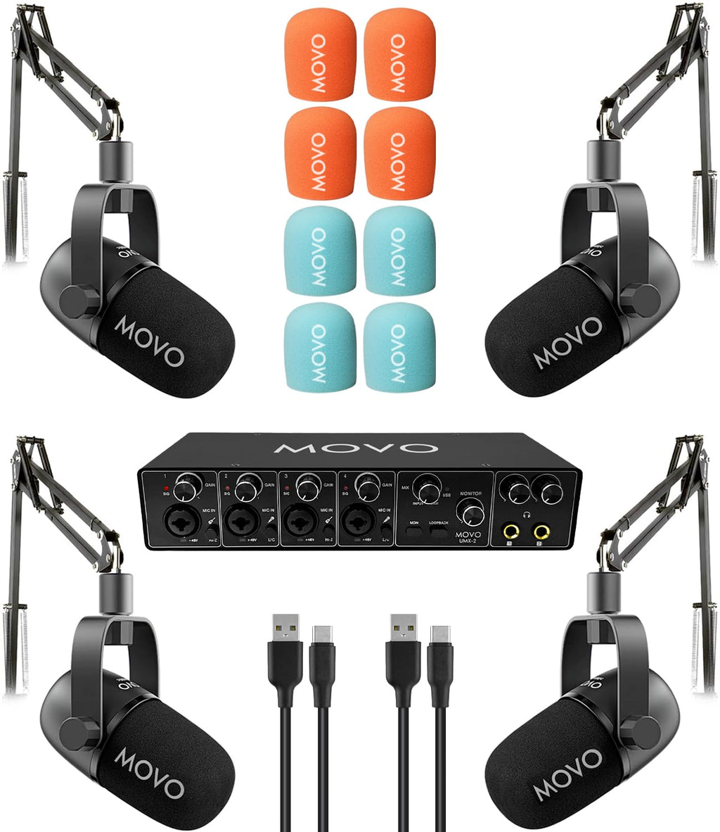 Movo 4-Person Podcast Bundle with USB Audio Interface