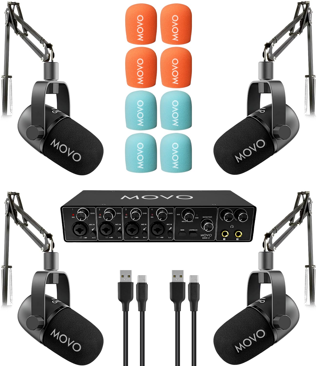 Movo 4-Person Podcast Bundle with USB Audio Interface