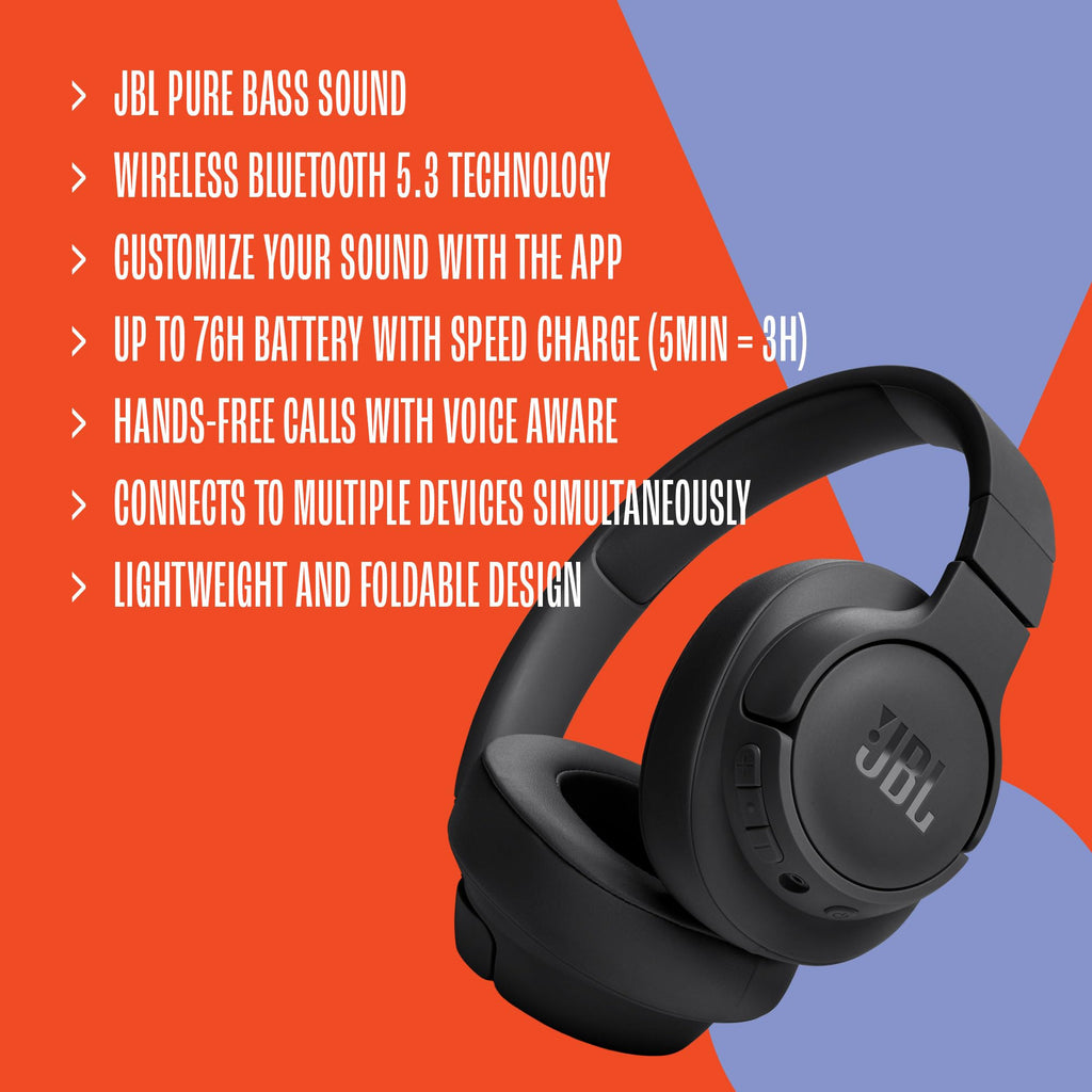JBL Tune 720BT - Wireless Over-Ear Headphones Pure Bass Sound, Bluetooth 5.3, Up to 76H Battery Life and Speed Charge, Lightweight, Comfortable and Foldable Design