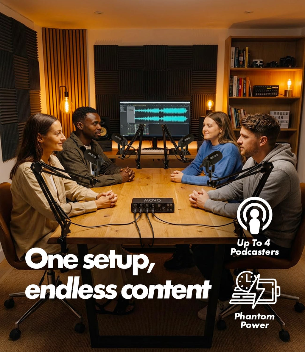 Movo 4-Person Podcast Bundle with USB Audio Interface