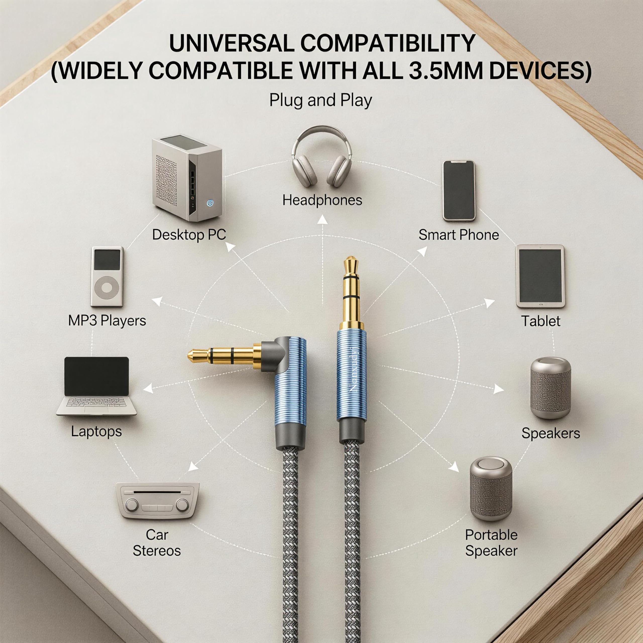 Nanxudyj 3.5mm Right Angle Stereo AUX Audio Cable Male to Male