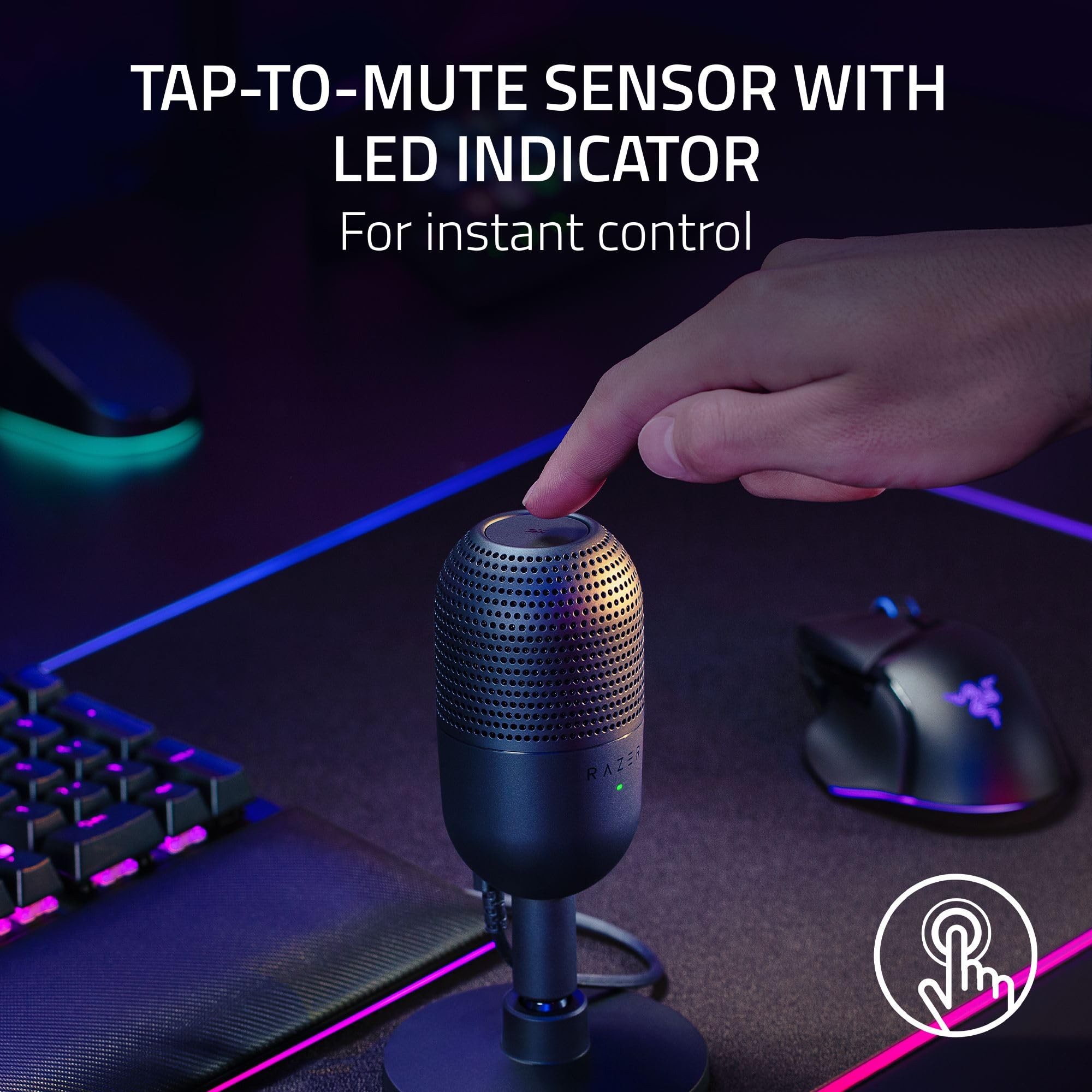 Razer Seiren V3 Mini USB Microphone: Condenser Mic - Supercardioid Pickup Pattern - Tap-to-Mute Sensor with LED Indicator